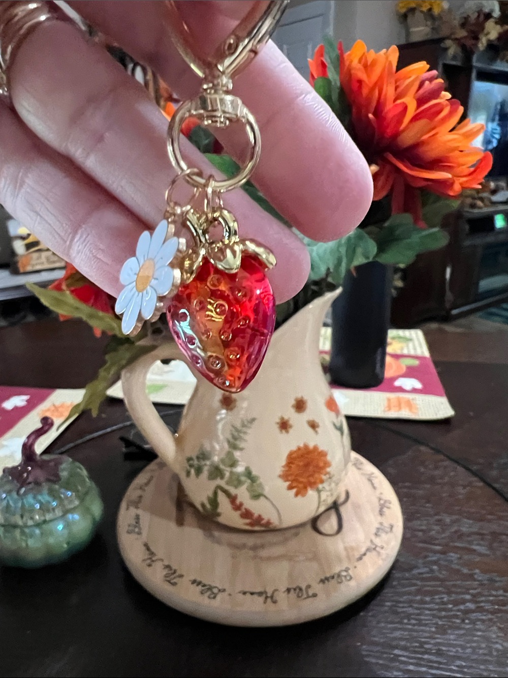 New Gold Red Strawberry  Charm Keychain with Daisy Accent